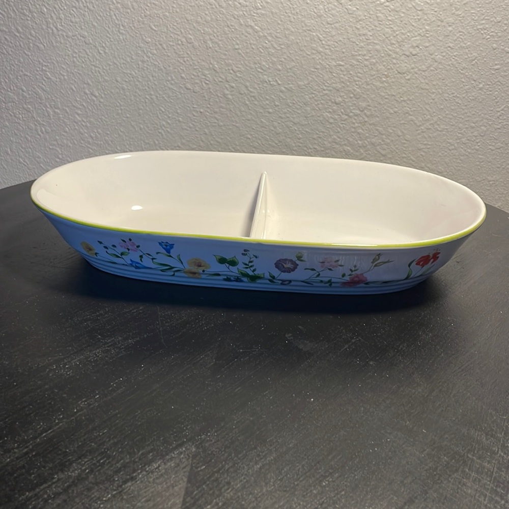 Pamela by Action Oval Baking Dish Divided Floral Stoneware